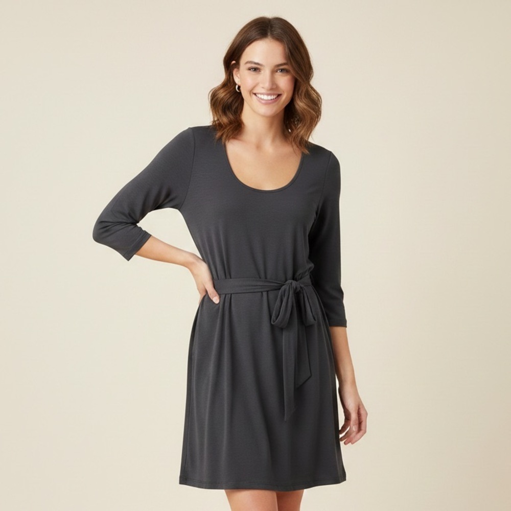 Everly Midi Dress Small Black Stretch Waist Tie LBD Little Black Dress Modal